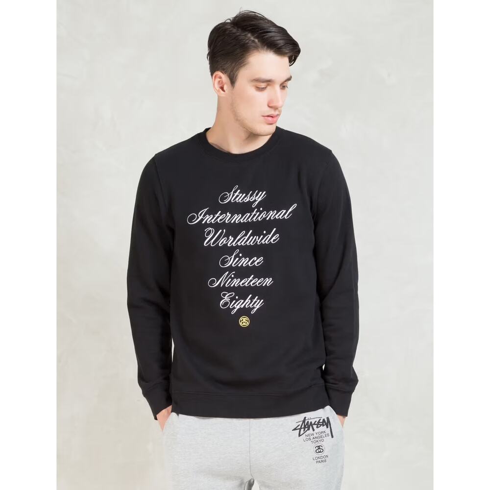 Stussy Script Int Embroidered Crew Neck Black Sweatshirt XL